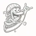 hotdog throwing a Shaka sign black and white outline  tattoo design idea
