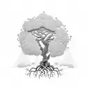 a tress with roots that hold the god bacchus in a cradle made of roots and the leaves of the tree are the nmiljy way tattoo design idea