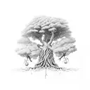 a tress with roots that hold the god bacchus in a cradle made of roots and the leaves of the tree are the nmiljy way tattoo design idea