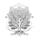 a tress with roots that hold the god bacchus in a cradle made of roots and the leaves of the tree are the nmiljy way tattoo design idea