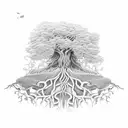 a tress with roots that hold the god bacchus in a cradle made of roots and the leaves of the tree are the nmiljy way tattoo design idea