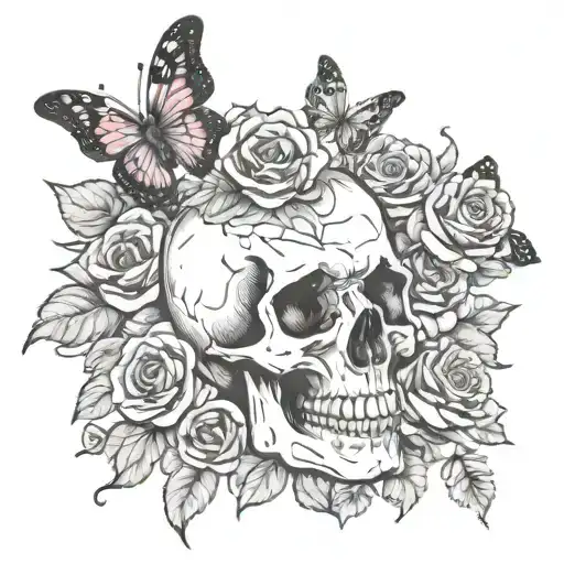 skull and roses with butterflies   tattoo design idea
