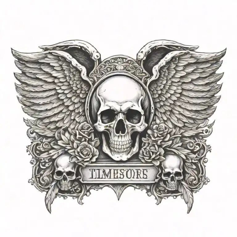 tombstone with wings and skull surrounded tattoo design idea