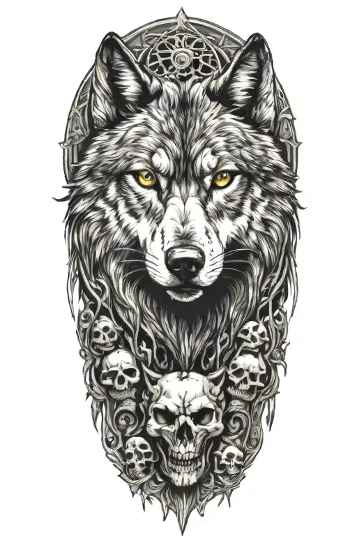 wolf with skulls surrounded tattoo design idea