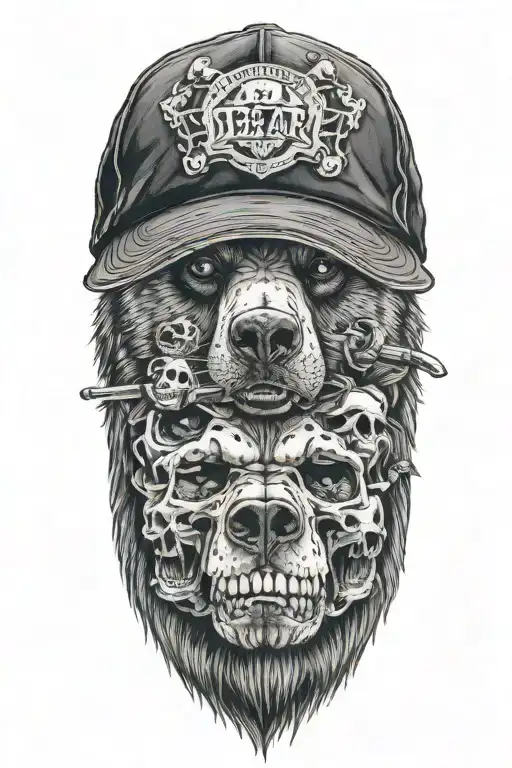 bear face wearing basecap and skulls and Mama Maria tattoo design idea