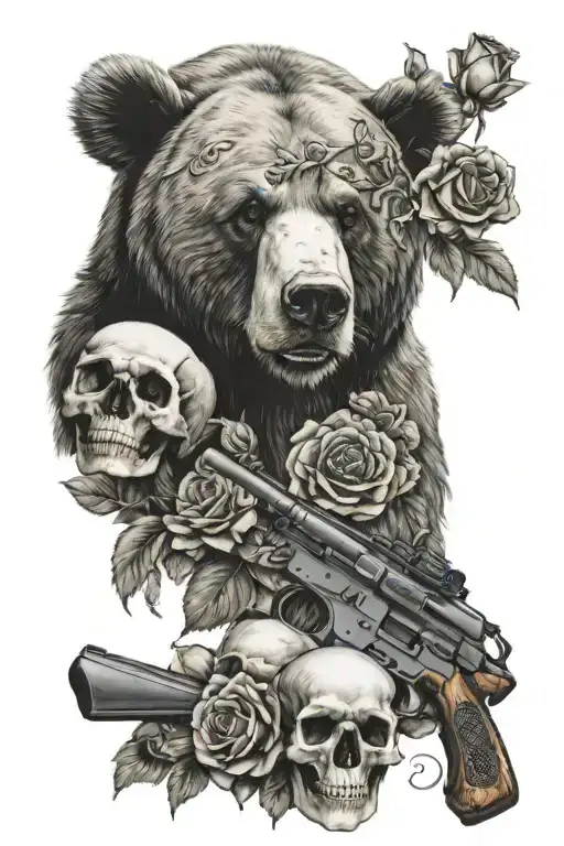 bear face and skulls and roses and Maria Magdalena with ak47 tattoo design idea