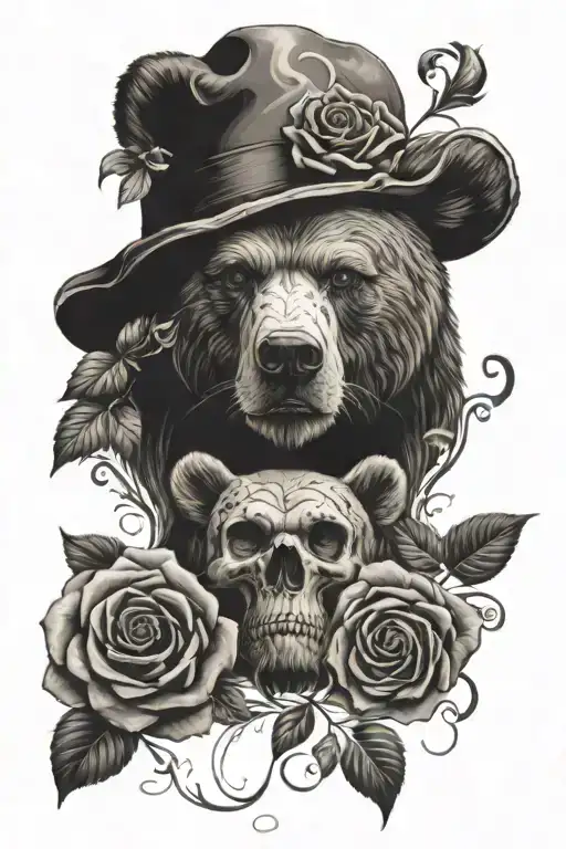 bear face and skulls and roses and Maria navalha com tattoo design idea