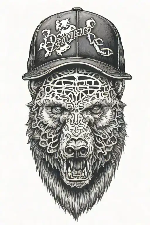 bear face wearing basecap backwards and skulls  tattoo design idea