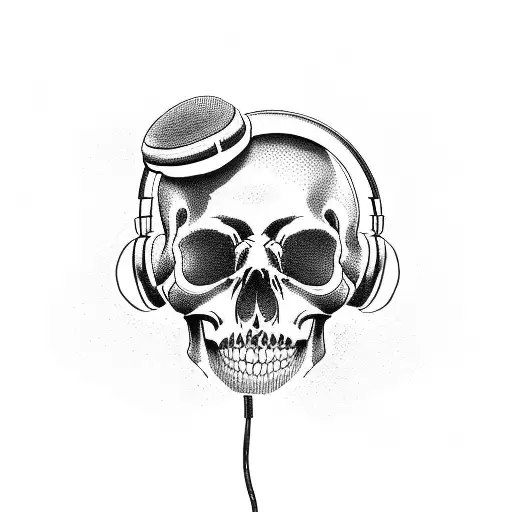 A dotwork tattoo of a memento mori skull wearing gaming headphones tattoo design idea