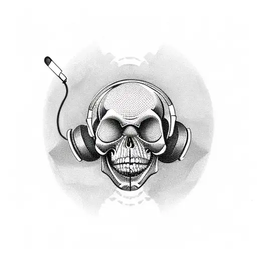 A dotwork tattoo of a memento mori skull wearing gaming headphones tattoo design idea
