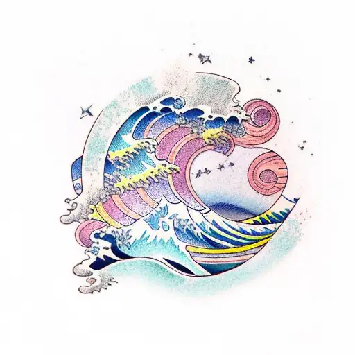 Barrel, Ocean Wave, Sunset, Stars tattoo design idea
