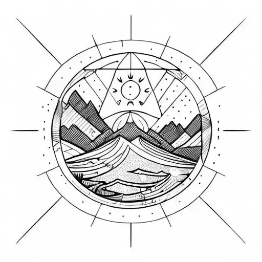 geometric, vulcano, ocean wave, sun, stars tattoo design idea