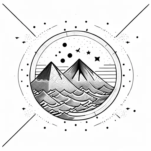 geometric, vulcano, ocean wave, barrel, sun, stars tattoo design idea