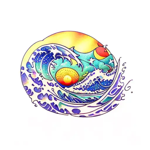 ocean wave stars barrel triangle sunset tattoo design idea