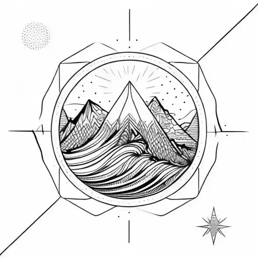 geometric, vulcano, ocean wave, sunset, stars tattoo design idea