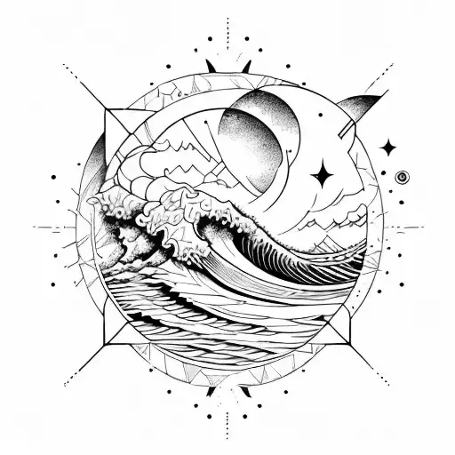geometric, vulcano, ocean wave, barrel, sun, stars tattoo design idea