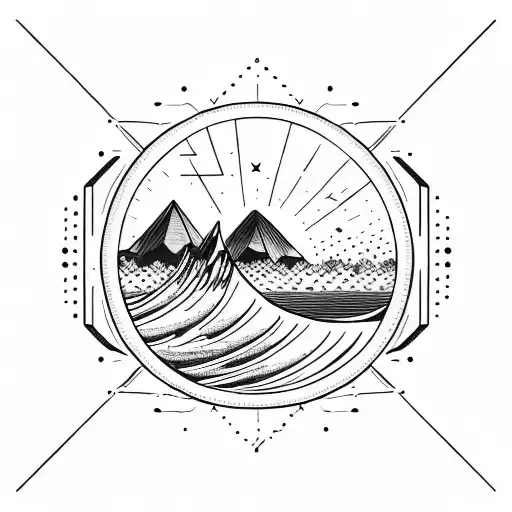 geometric, vulcano, ocean wave, barrel, sun, stars tattoo design idea