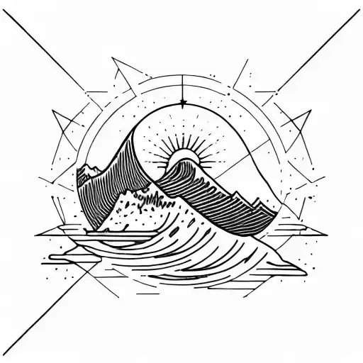 geometric, vulcano, ocean wave, barrel, sun, stars tattoo design idea