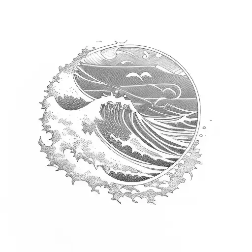 Ocean Wave, Tunnel, Surf, Sunset, Stars tattoo design idea