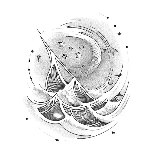 Barrel, Ocean Wave, Sunset, Stars tattoo design idea