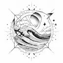 geometric, vulcano, ocean wave, barrel, sun, stars tattoo design idea