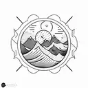 geometric, vulcano, ocean wave, barrel, sun, stars tattoo design idea