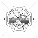geometric, vulcano, ocean wave, clouds,  sun, stars tattoo design idea