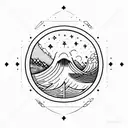 geometric, vulcano, ocean wave, barrel, sun, stars tattoo design idea