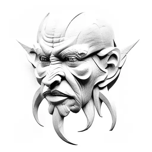 photo of wooden sculpture of a front view of a face of old devil,  hand carved in old polished dark birch, ambient front tattoo design idea