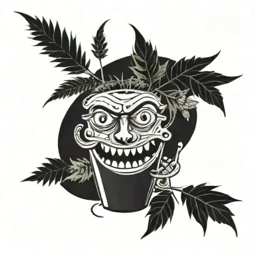 A hemp (potted plant) that has a face with set eyes and rolls a joint that also has a face. tattoo design idea