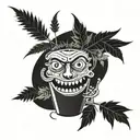 A hemp (potted plant) that has a face with set eyes and rolls a joint that also has a face. tattoo design idea