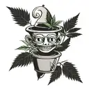 A hemp (potted plant) that has a face with set eyes and rolls a joint that also has a face. tattoo design idea
