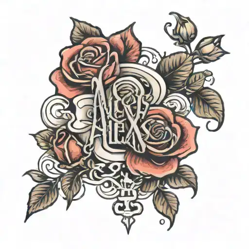 Sketch the name Alexis with a Rose tattoo design idea