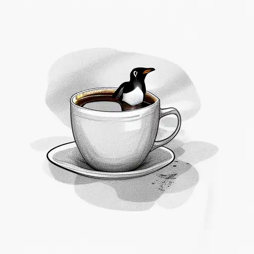 chillie willie penguin with laptop and cup of coffee tattoo design idea