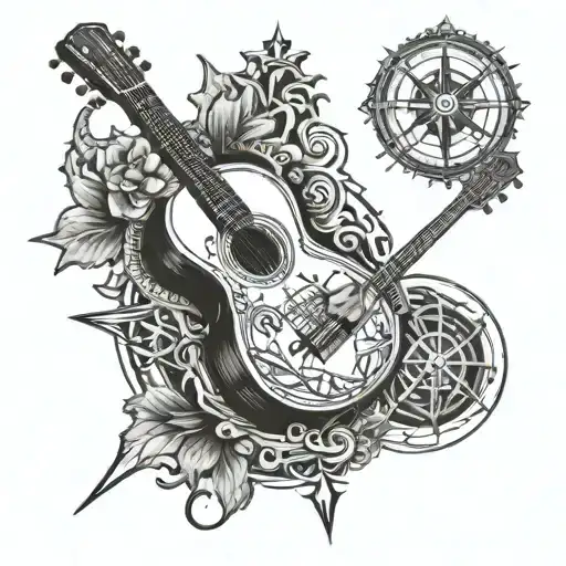 Incorporate a guitar and drum intertwined with a trident and compass rose tattoo design idea
