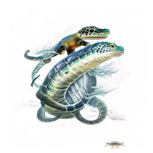a moray eel and pit viper tangled together with a sea turtle tattoo design idea