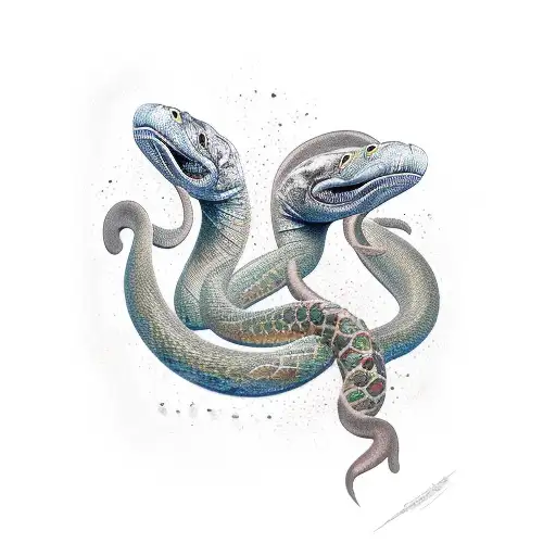 a moray eel and pit viper tangled together tattoo design idea