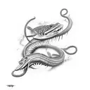 a moray eel and pit viper tangled together tattoo design idea