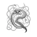 a moray eel and pit viper tangled together tattoo design idea