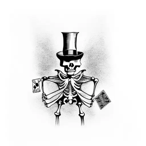 Tatu a skeleton stands in a top hat and with a cane throws playing cards away from him tattoo design idea