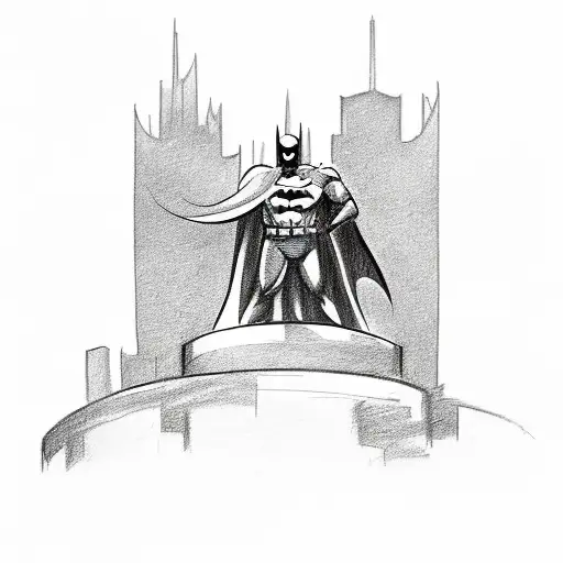 A sketch-style tattoo of Batman standing on a rooftop overlooking the cityscape of Gotham City tattoo design idea