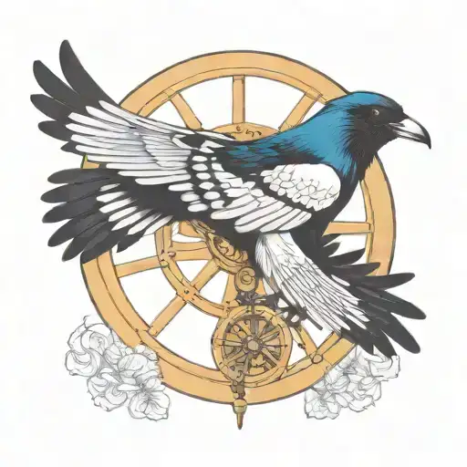 Magpie around the wheel of fortune  tattoo design idea