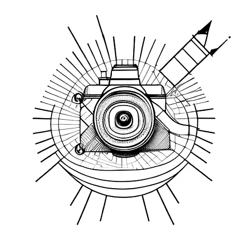 Design tools (pencil, ruler, compass) arranged as a camera tattoo design idea