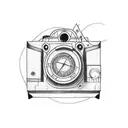Design tools (pencil, ruler, compass) arranged as a camera tattoo design idea