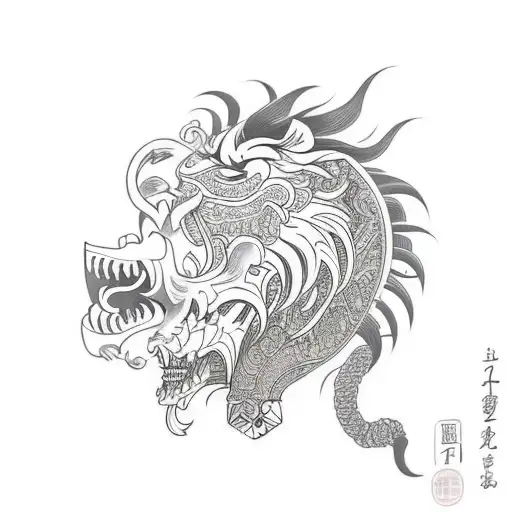 lion head biting skull tattoo design idea