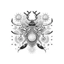 A blackwork tattoo of a crab, symbolizing Cancer, surrounded by celestial elements like stars and planets tattoo design idea