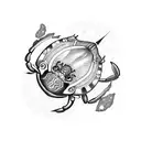 A blackwork tattoo of a crab, symbolizing Cancer, surrounded by celestial elements like stars and planets tattoo design idea
