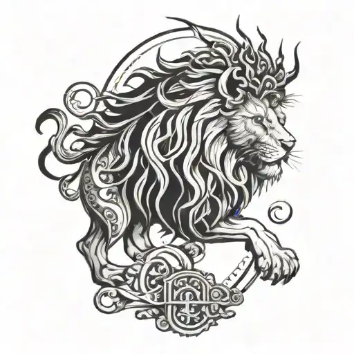 A lion with intricate blackwork detailing, surrounded by elements of Greek mythology like Zeus' thunderbolt and Poseidon's trident tattoo design idea