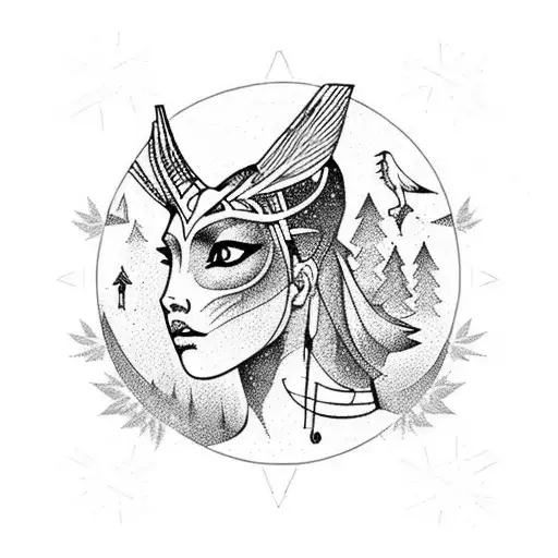 A silhouette of Artemis with a forest backdrop tattoo design idea