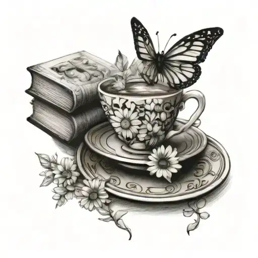 books, tea cup daisy butterfly tattoo design idea
